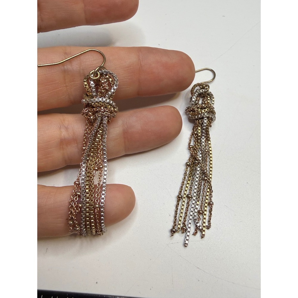 Tri-Tone Mixed Chain Tassel Drop Earrings Gold Silver Rose Gold Knotted Dangle